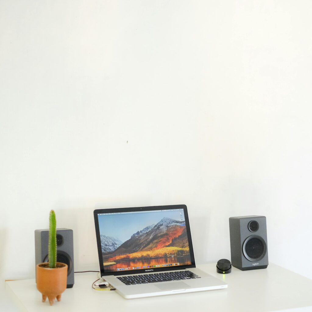 A minimalist desk setup featuring a laptop, speakers, and a cactus plant.